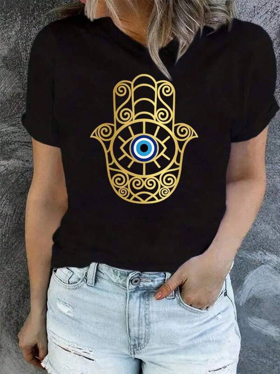 Vintage ögon-grafikdesign, en avslappnad t-shirt med rund hals och bokstavstryck för dam, perfekt för vår och sommar, bekväm passform, perfekt för vardagsbruk, Robe Femme Eté T-shirt, trendig minimalistisk dam-t-shirt med normal rund hals, present till vänner. Robe Femme Eté T-shirt, Trendig minimalistisk dam-t-shirt med rund hals, present till vänner. - Svart - Visa 1