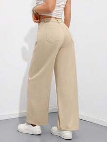 Jeans rectos y sueltos con bolsillos - Caqui - Ver 2
