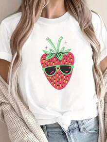Women's Disco Ball Style Strawberry Print T-Shirt - 100% Cotton, Comfortable Fit, Black With Colorful Strawberry Design, Casual Crew Neck T-Shirt For All Seasons - High Quality - 白色 - 查看 6