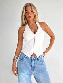 Top halter con cuello en U sexy y diseño abierto en la espalda para mujeres - Blanco - Ver 3