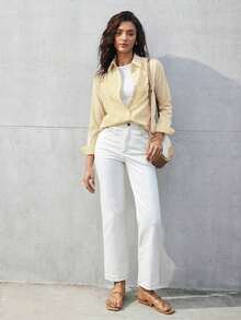 Camisa de mujer de manga larga con hombros caídos y rayas, estilo básico urbano y de commuter, moda simple y elegante, adecuada para vestimenta casual de negocios, oficina, profesora - Amarillo - Ver 8