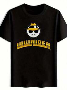 1 Retro Lowrider Graphic T-Shirt - Oversized Black T-Shirt With Bold LOWRIDER Print And Vintage 70s And 80s Style, Iconic Yellow Fedora Hat And Fashion Glasses Design, Casual Loose Fit Short Sleeve T-Shirt For Streetwear And Casual Wear, PLUS SIZE, 180g 100% Soft Cotton - 黑色 2 - 查看 1