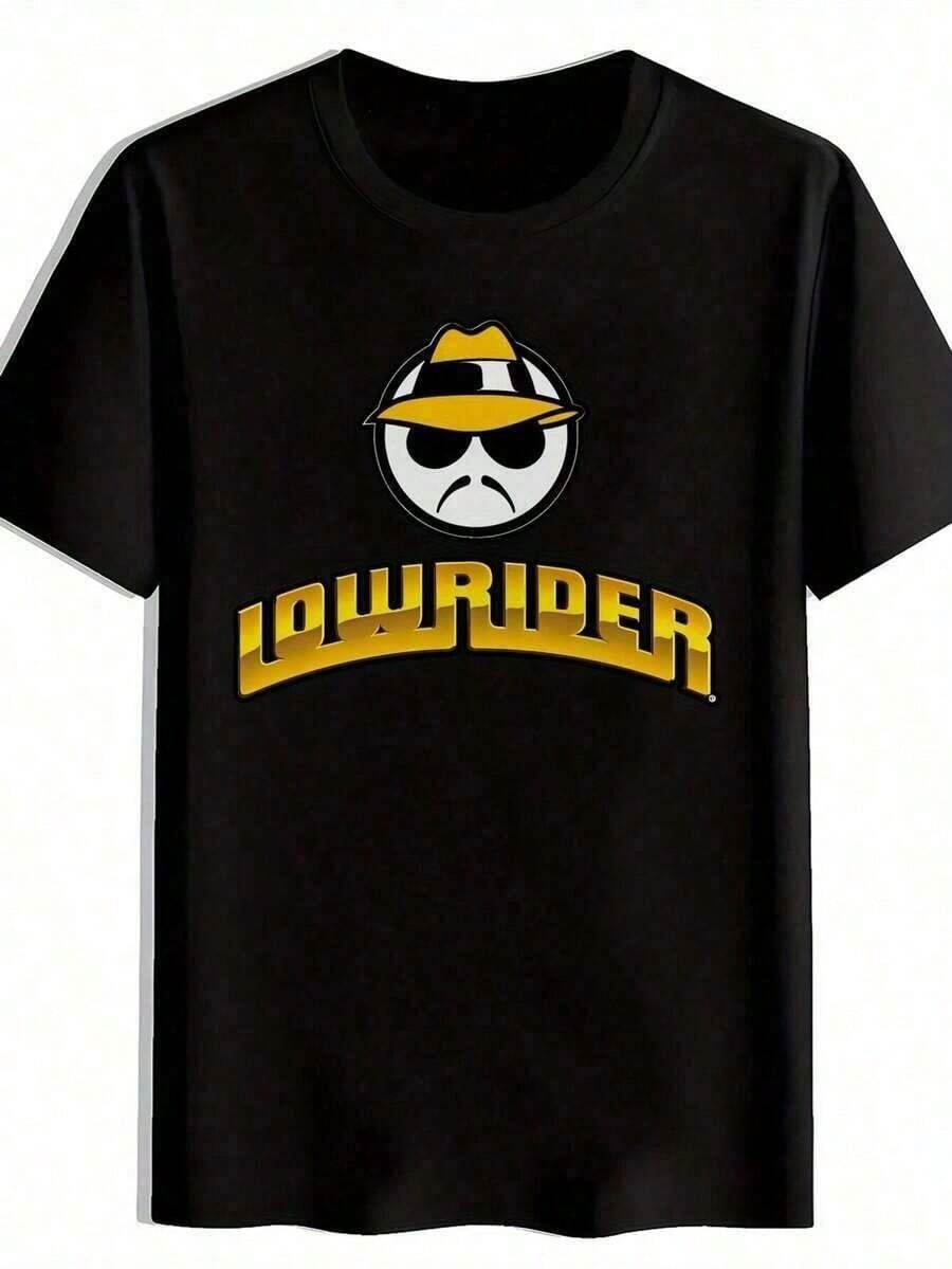 1 Retro Lowrider Graphic T-Shirt - Oversized Black T-Shirt With Bold LOWRIDER Print And Vintage 70s And 80s Style, Iconic Yellow Fedora Hat And Fashion Glasses Design, Casual Loose Fit Short Sleeve T-Shirt For Streetwear And Casual Wear, PLUS SIZE, 180g 100% Soft Cotton - 黑色 2 - 查看 1