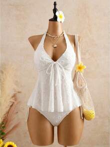 Traje de baño de encaje con cuello halter, tirantes ajustables, volantes, bikini de dos piezas que realza la figura, ideal para aguas termales. - Blanco - Ver 12