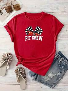 LooseGráfico de coche de carreras rojo con banderas a cuadros simboliza la pasión por la velocidad y la fuerza del equipo pit crew camisetas de mujer 100% algodón cómoda y moderna para uso diarioBasic Crew Neck Cotton T-shirt for Women - Rojo - Ver 4