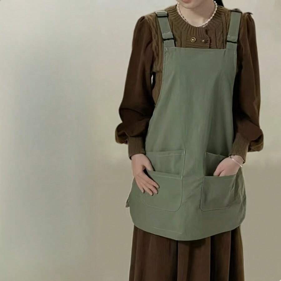Damen Schürze, Haushaltsuniform, Küchenschürze, umkehrbare Schürze, verstellbare Schürze mit mehreren Taschen, geeignet für Zuhause, Bibliothek, Catering, Backen, Café, Küche und Mehrzweck-Arbeitskleidung - Verschiedenfarbig - Übersicht 1