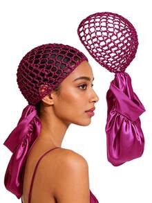 1 pièce Bonnet de nuit en maille respirante et satin pour l'été, fabriqué en maille au crochet et tissu satin lisse. Style pratique avec cordon de serrage réglable, anti-frisottis et anti-transpiration. Idéal pour le sommeil, le spa et le ramadan. Couleur noire disponible. - Multicolore - Voir 8