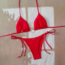 26 New Bikini Models, Sexy Two-Piece Bikini With Triangle Cup, Sexy Solid Color Swimsuit. - Coffee Brown - View 4