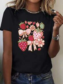 Women's & Men's Printed Short Sleeve T-Shirt, Round Neck, Strawberry Summer T-Shirt, Double Floral Bow, Cute Pet Theme Pattern, Casual And  Short Sleeve Top. Comfortable Basic Autumn T-Shirt, Printed Short Sleeve T-Shirt For Outdoor Activities. - 黑色 - 查看 7