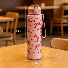 1pc 750ml Minimalist Bow Print Summer Water Bottle With Straw, Suitable For Sports, Outdoor, Home, Office, School, Portable And Suitable As A Gift - Clear - View 4
