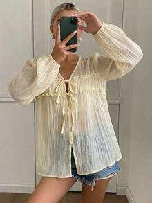 Camisa de mujer casual y versátil de unicolor con lazo - Blanco - Ver 11