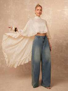 Nueva llegada Blusa elegante de mujer de alta gama con cuello suelto, bajo asimétrico con volantes, parte delantera corta y parte trasera larga - Albaricoque - Ver 3