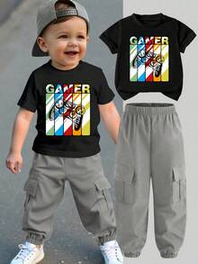 Baby Boy Casual Fashion Street Daily Commute Gamepad Letter Colorful Print Short Sleeve T-Shirt And Cargo Jogger Pants Set, Spring/Summer/Autumn - Black - View 1
