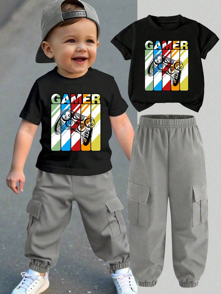 Baby Boy Casual Fashion Street Daily Commute Gamepad Letter Colorful Print Short Sleeve T-Shirt And Cargo Jogger Pants Set, Spring/Summer/Autumn - Black - View 1