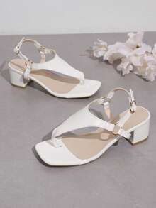 New Girls' Toe-Post Square Toe Chunky Heel Sandals, Back Strap With Buckle, Letter Decor, Suitable For School, Beach, Vacation And Casual Wear, Open Toe Sandals, Suitable For Young Girls - White - View 5