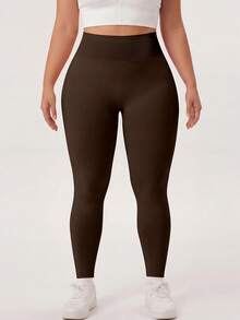 NcmRyu 1pc Women's Solid Color Ruched Waist Slim Fit Plus Size Sports Pants - Brown - View 6