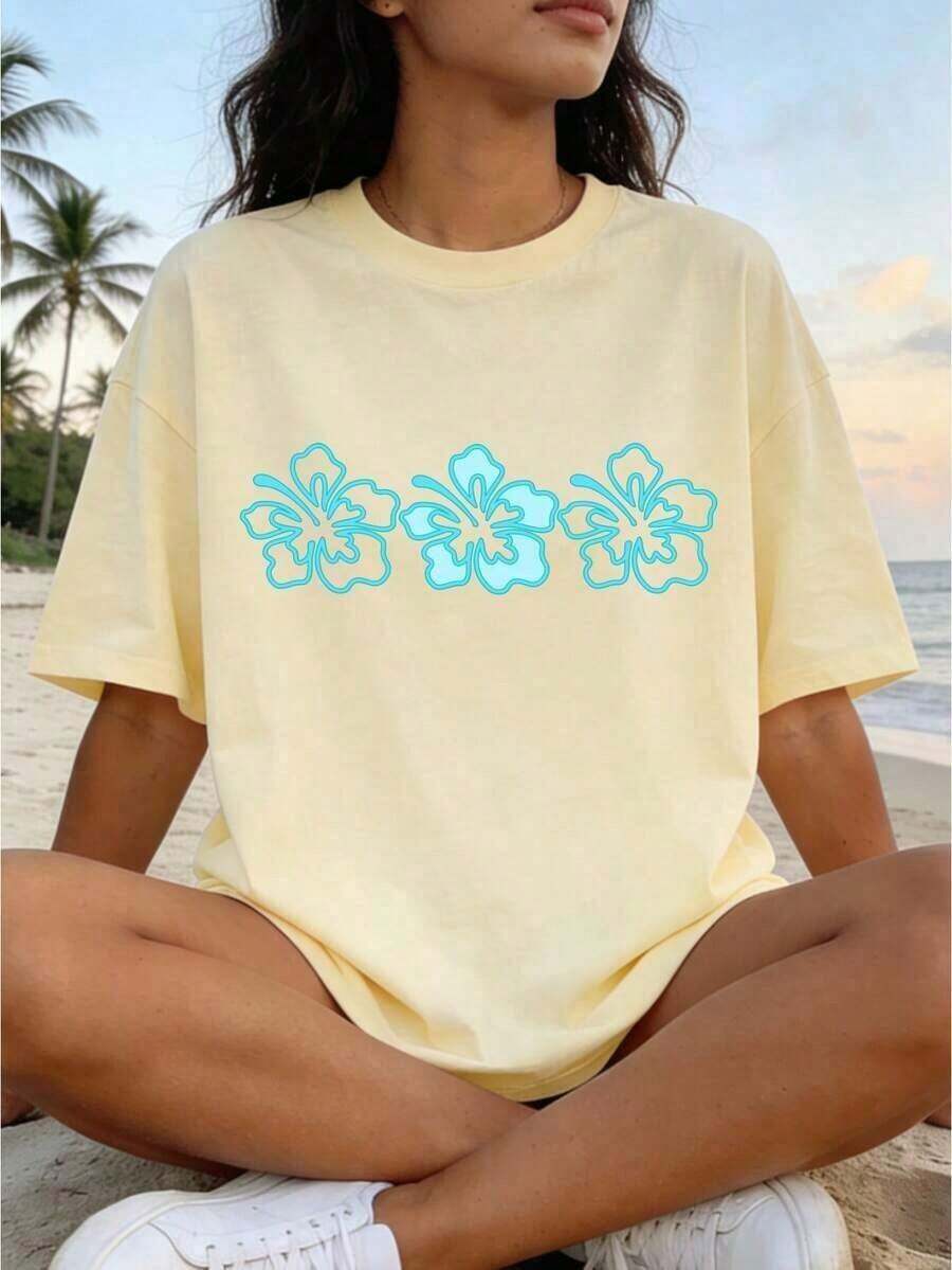 100% Algodón Puro, Nueva Colección Verano 2026, Blusa de Mujer, Ropa Elegante Millennium, Camiseta Holgada de Mujer, Estampado Casual Tropical Floral de Conchas y Estrellas de Mar, Hombros Caídos, Manga Corta, Cuello Redondo, Blusa de Verano, Atuendo de Primavera de Primera Calidad para Mujer, Camisa de Playa de Verano para Mujer, Moda. - Albaricoque - Ver 1