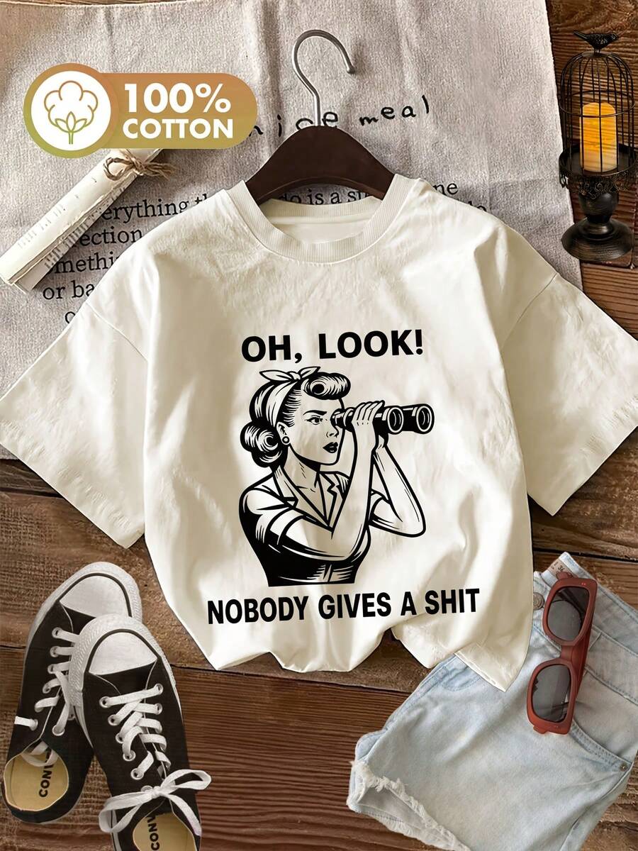 Women's Personalized T-Shirt For Spring/Summer, Vintage Style With Binoculars Print, Short Sleeve, Round Neck, Pure Cotton - Unisex Vintage Urban Style T-Shirt, Loose Fit, Cotton, Short Sleeve And Round Neck - 杏色 - 查看 1