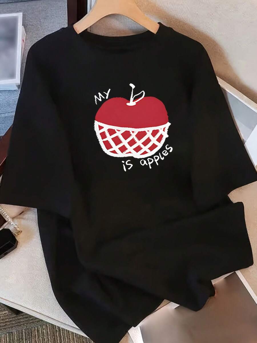 Camiseta de Verano 2025 de Algodón Puro, Holgada, de Cuello Redondo, Versátil, Cómoda, Casual, para Mujer, Juvenil, Moderna, de Manga Corta para Uso Diario - Negro - Ver 1