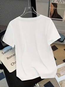 Simple And Versatile Design Women's Blouses: Shall We Have Some Wine Or Not? Women's Casual Short Sleeve Crew Neck T-Shirt With Czech Red Wine Glass Print For Festive Celebrations And Family Gatherings. Gym Y2k Crew Neck 100% Soft Fabric Short Sleeve Cotton T-Shirt - 白色 - 查看 2