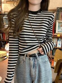 Las mujeres de América retro cuello redondo a rayas camiseta de manga larga, las mujeres de otoño e invierno de fondo interior de la camisa delgado diseño de la camiseta tops cortos - Negro - Ver 6