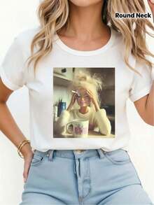 Camiseta de mujer: Camiseta de verano para mujer, de cuello redondo, ligera, casual y cómoda, con diseños estampados a la moda, diseño moderno y elegante, perfecta para usar en primavera/verano, adecuada tanto para hombres como para mujeres, con un aspecto brillante. - Blanco - Ver 1