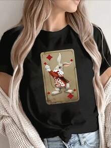 Camiseta de manga corta ligera y duradera, con un diseño de conejo jugando a las cartas, perfecta para relajarse en casa, en cafeterías o en actividades al aire libre, con estampados brillantes y un ajuste cómodo. - Negro - Ver 6