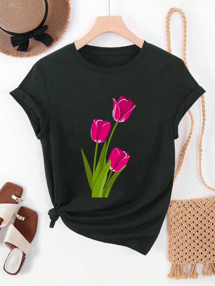 Camiseta de manga corta casual de verano para mujer con estampado de tulipanes - Negro - Ver 1