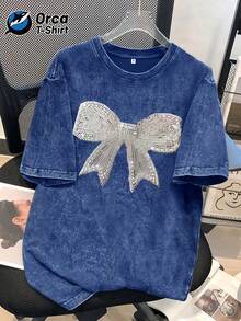 1 camiseta vintage con estampado de lazo de lentejuelas y efecto desgastado, de una marca americana de moda, de algodón lavado con cuello redondo y manga corta, personalizada, adecuada para vacaciones, salidas, uso casual, deportes, regalos y otras ocasiones. 100% algodón, 180g. - Negro - Ver 11