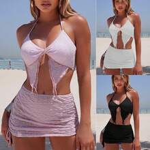 Traje de baño de dos piezas de color sólido, moderno y en stock para mujer, conjunto de bikini de tres piezas. - Juego de tres piezas blanco 9328 - Ver 2