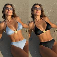 Bikini Sexy para Mujer con Hilo Metálico Dorado, Diseño de Espalda Abierta y Cordones Ajustables - azul cielo - Ver 2