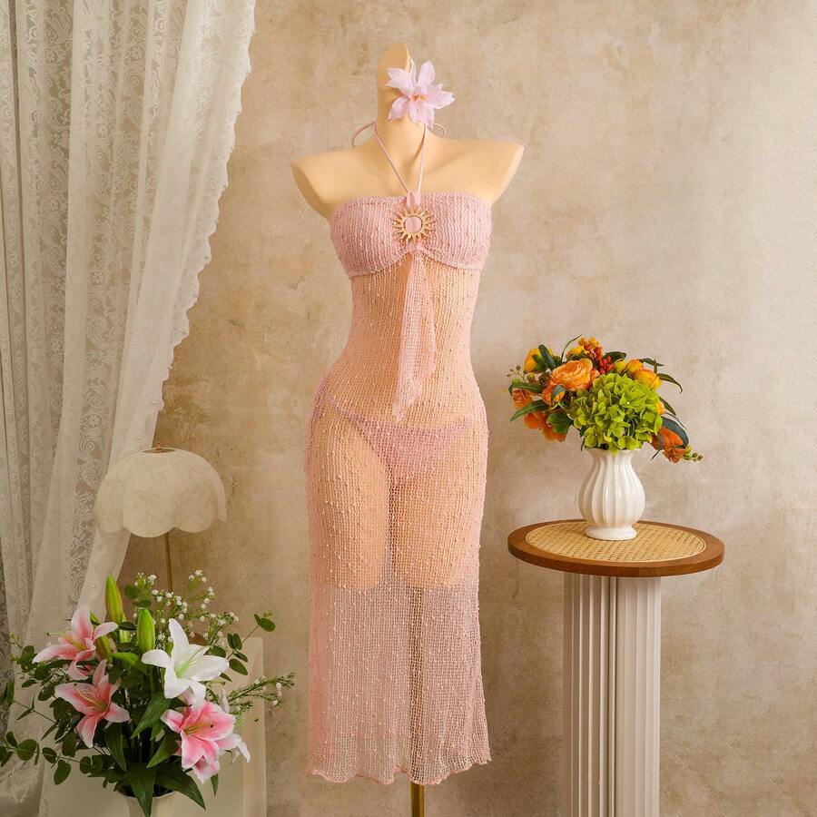 Nuevo Conjunto de Dos Piezas para Vacaciones en la Playa 2026: Vestido Largo y Bikini Sexy con Lentejuelas y Tirantes - 9404 Rosa - Ver 1