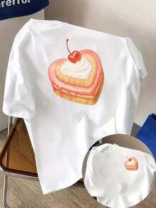Camisetas de manga corta de talla grande para mujer, ideales para el verano, camisetas básicas de uso diario, camiseta estampada de manga corta con diseños en la parte delantera y trasera - Pastel de corazón, Crema de fresa - Camiseta estampada de primavera/verano para mujer, ¡tu mejor elección! Transpirable y cómoda. - Blanco - Ver 11