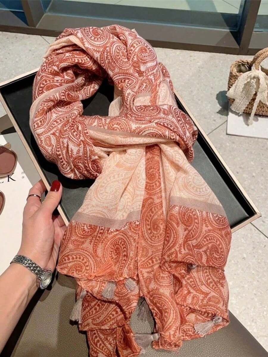 1 pezzo Sciarpa con stampa a rombi arancione e blu, nuova sciarpa frangata da donna per protezione solare, viaggi e spiaggia per la primavera/estate