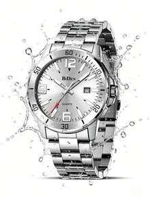 BIDEN 1pc Men's Watch, Fashion Casual, Waterproof Luminous Calendar Quartz Watch, Solid Steel Strap, Men's Business Watch - Silver - View 5