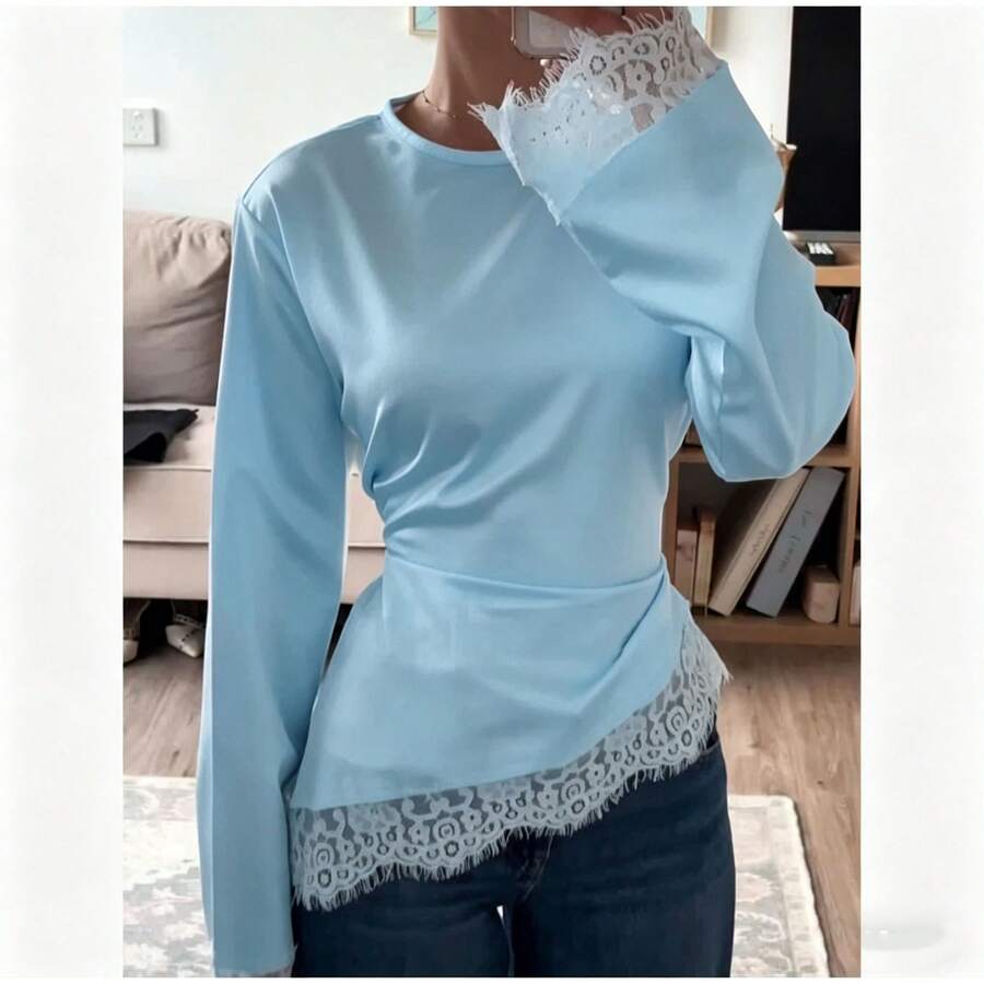 New Lace Patchwork Long Sleeve T-Shirt, Suitable For Dates, Vacations, And Everyday Wear In Spring/Summer - Light Blue - View 1