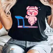 Camiseta Deportiva de Manga Corta con Diseño de Cerdo Divertido para Mujer - Tejido Suave y Elástico, Cómoda para Todas las Estaciones, Lavable a Máquina, Regalo Ideal para Entusiastas del Fitness, Cuello Redondo, Ajuste Cómodo - negro - Ver 1