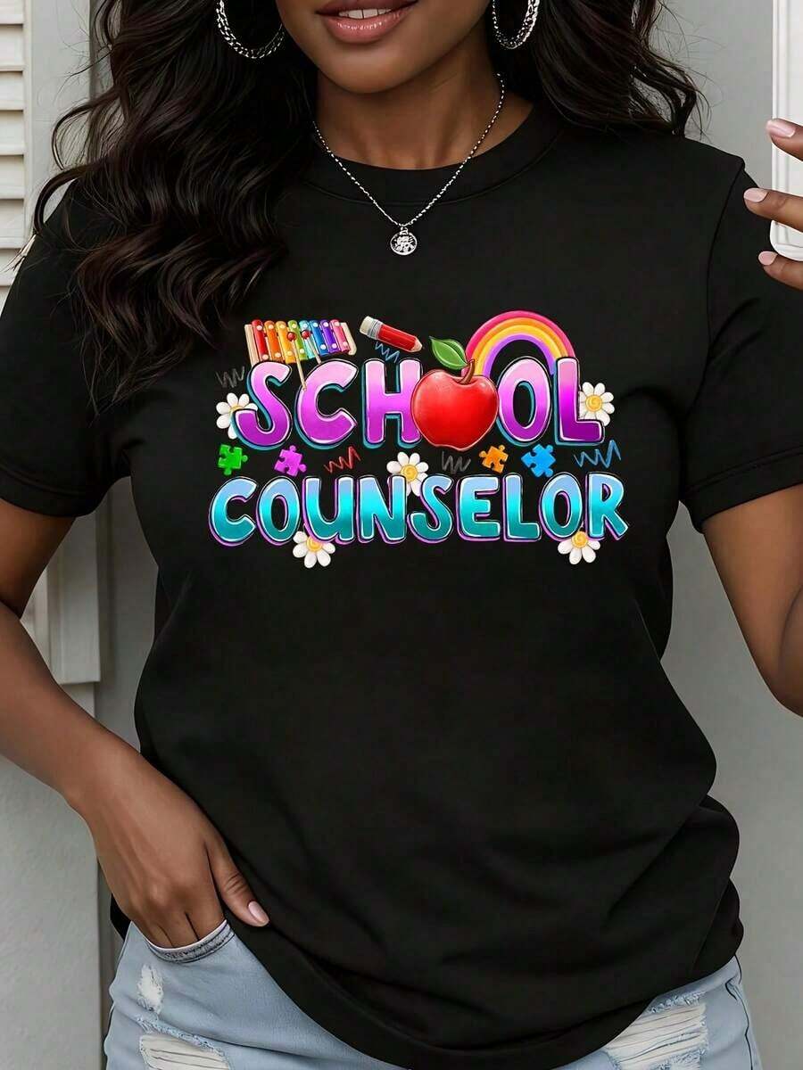 Camiseta de manga corta con cuello redondo para mujer, con estampado de manzanas coloridas, crayones de arcoíris y flores, ideal para el trabajo y uso casual en verano. - Negro - Ver 1