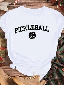 Elegante y casual para mujer, manga corta, camiseta de pickleball, estampado gráfico deportivo de verano, blanca, unisex, para actividades al aire libre y uso casual. - Blanco - Ver 3