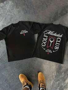 Camiseta Casual de Cuello Redondo para Hombre, 1 Pieza, 100% Algodón, 220g, Impresión Digital de Doble Cara, Combinando Elementos de Michelob Ultra y Golf para Entusiastas de la Cerveza y el Golf, Camiseta de Manga Corta - Negro - Ver 1
