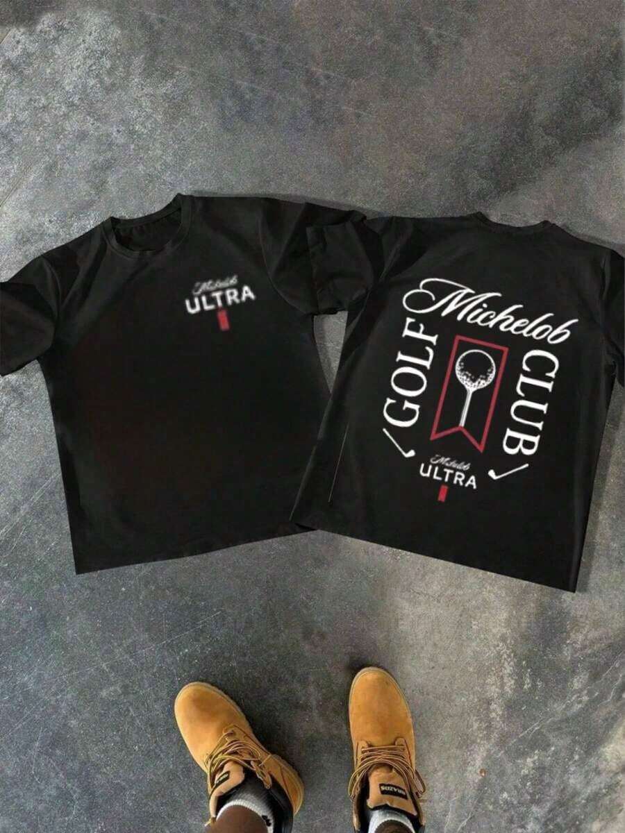 Camiseta Casual de Cuello Redondo para Hombre, 1 Pieza, 100% Algodón, 220g, Impresión Digital de Doble Cara, Combinando Elementos de Michelob Ultra y Golf para Entusiastas de la Cerveza y el Golf, Camiseta de Manga Corta - Negro - Ver 1