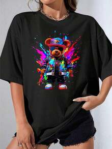 Camiseta Negra y Blanca para Niña, Camiseta Blanca de Talla Grande con Estampado de Oso Colorido para Estilo Casual Urbano, Fiesta al Aire Libre, Camiseta Estampada Casual de 180g - Negro - Ver 7