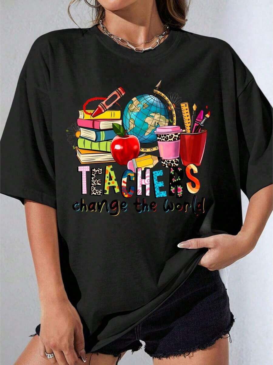 Camiseta Negra y Blanca para Niña, Camiseta Blanca con Estampado de Maestros Cambian el Mundo, Material Educativo y Globo Terráqueo, Regalo para el Día de Agradecimiento al Maestro, para Fiestas al Aire Libre, Camiseta Casual Estampada de 180g - Negro - Ver 1