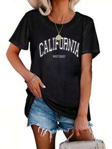 Camiseta de mujer de manga corta, parte superior casual impresa con patrón de tipografía de la oeste de California, camiseta deportiva de moda, adecuada para uso casual diario y vacaciones - Blanco - Ver 5
