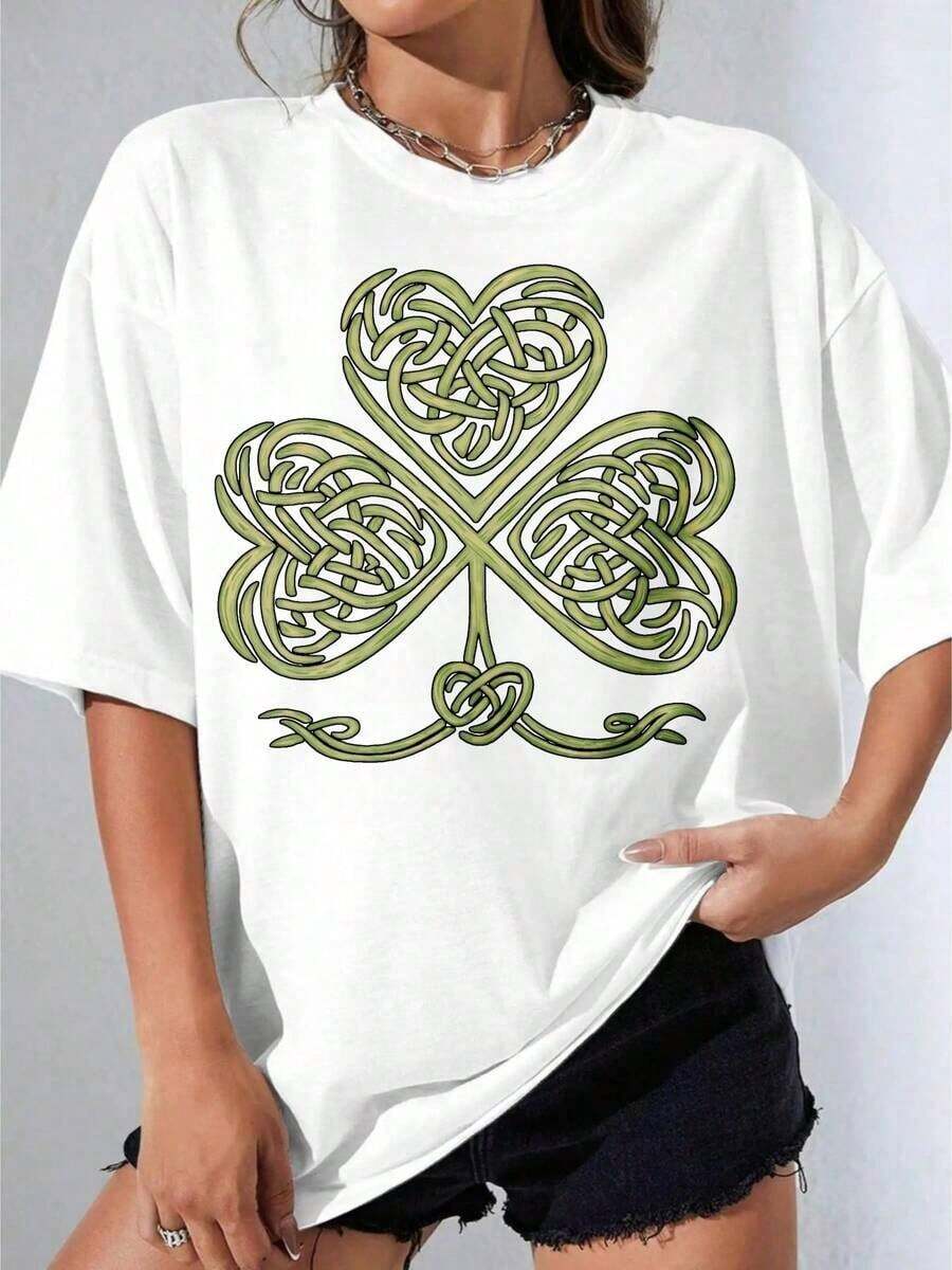 Camisetas de Mujer, Manga Corta Casual para Fiesta, Camiseta Blanca Oversize con Estampado de Trébol Celta para el Día de San Patricio y Uso Diario 180g - Blanco - Ver 1