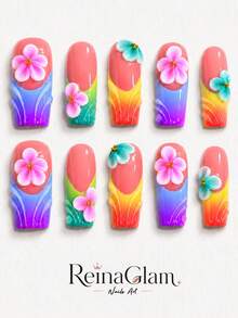 10Pcs Bright Rainbow Summer Handmade Medium Square Acrylic Press On Nails,Nude Pink,Multicolor Gradient French Tips,3D Pink Blue Flower,Gold Bead,Includes Manicure Tools,Unique Nail Set For Women And Girls,Suitable For Beach Vacation,Summer Party,Graduation Day - Màu be - Xem 11
