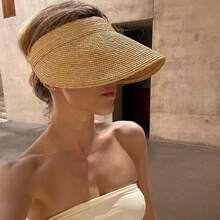 1pc Women's Foldable Fashionable Straw Hat, Wide Brim Hat Can Be Rolled And Folded, Summer Beach Sun Hat, Women's Wide Brim Straw Hat Foldable, Ponytail Beach Hat, Portable Vacation/Large Brim Sun Protection/Sun Hat, Summer Essential, Travel Daily Outfit - Multicolor - View 4