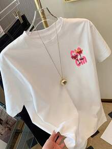 Women's T-Shirts For Valentine's Day, Cocktail Print T-Shirt, Short Sleeve, Round Neck, Casual Top For Summer And Spring, Women's Clothing, Casual Blouses For Ladies. - 白色 - 查看 2