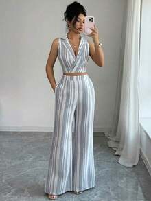 conjunto de 2 piezas de primavera/verano con top sin mangas de lino texturizado a rayas azul y blanco, y pantalones casuales acampanados con bolsillos duales, elegante estilo casual - Multicolor - Ver 3