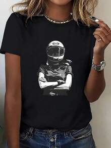 Playera de mujer de algodón cuello redondo manga corta verano casual piloto  viral en México - Negro - Ver 1